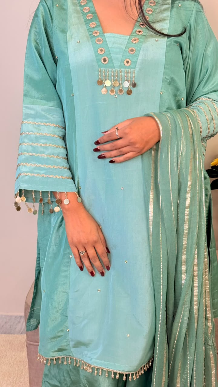 Seafoam Serenity – Embellished Kurta Sharara Set