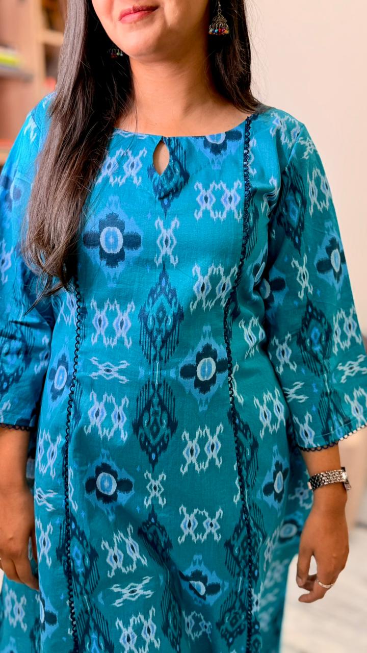 Blue Printed Cotton A-Line Kurta Set